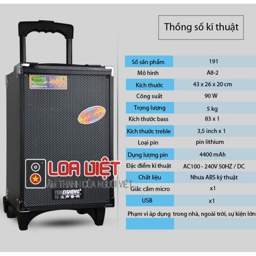 Loa vali kéo Temeisheng A8-5 chính hãng - Tặng kèm 1 mic cầm tay